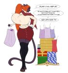 anthro big_breasts biped bodily_fluids bottomwear breasts clothing dialogue domestic_cat felid feline felis female hair hand_on_hip hi_res huge_breasts jludragoon legwear mammal orange_hair skirt sweat text thigh_highs