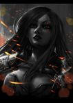  armor bangs breasts cleavage fire katarina_du_couteau league_of_legends lens_flare letterboxed lips long_hair looking_at_viewer medium_breasts parted_bangs scar scar_across_eye shoulder_armor signature solo spaulders upper_body 
