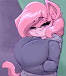 aeris_(vg_cats) anthro big_breasts blue_sclera breasts clothing female hair hi_res joelasko looking_at_viewer pink_body pink_hair pink_tail simple_background smile smug snaggle_tooth solo sweater tail topwear vg_cats webcomic