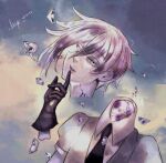  1other amputee androgynous antarcticite black_gloves blue_eyes cloud cloudy_sky collared_shirt crystal_hair eyeball finger_to_mouth fragoletta gem_uniform_(houseki_no_kuni) gloves houseki_no_kuni looking_at_viewer necktie one-eyed other_focus puffy_sleeves severed_arm severed_head severed_limb shards shirt shushing sky solo solo_focus swept_bangs white_shirt 