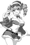 1girl belt breasts cleavage commentary cowboy_shot drill_hair earrings eyewear_on_head greyscale hat jewelry large_breasts long_hair long_sleeves looking_at_viewer monochrome navel onkn_sxkn open_mouth round_eyewear santa_costume santa_hat simple_background skirt smile solo sunglasses touhou twin_drills twintails white_background yorigami_jo&#039;on 