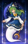  1girl blue_capelet border capelet celebelian crescent facing_viewer full_body ghost_tail green_eyes green_hair hat highres long_hair long_sleeves mima_(touhou) moon night night_sky sky smile solo staff sun_print sun_symbol touhou touhou_(pc-98) twitter_username witch_hat wizard_hat 