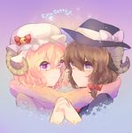  blonde_hair bow breast_press brown_hair hands_together hat hat_bow horns kaenuco maribel_hearn multiple_girls purple_eyes scarf shared_scarf sheep_girl sheep_horns symmetrical_docking touhou usami_renko yuri 