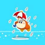  arm_up blue_background blush blush_stickers commentary_request floating holding holding_umbrella kirby_(series) no_humans outline parasol rain satojoyu simple_background solo star_(symbol) umbrella waddle_dee water_drop white_outline 