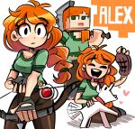  1girl ^_^ absurdres alex_(minecraft) bow_(weapon) breasts character_name closed_eyes commentary dog dog_(minecraft) food green_eyes green_shirt highres holding holding_bow_(weapon) holding_food holding_weapon long_hair medium_breasts minecraft multiple_views open_mouth orange_hair patting peargor potion shirt short_sleeves sitting smile standing steak teeth upper_teeth_only weapon 