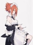  1girl ai-generated apron breasts earrings hidari0906 highres jewelry maid maid_apron maid_headdress original red_hair simple_background sitting solo yellow_eyes 