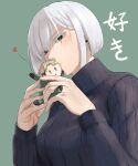  1girl absurdres black_eyes black_sweater character_doll doll earrings epicmilk fiona_frost green_background grey_hair heart highres holding holding_doll jewelry short_hair solo spy_x_family stud_earrings sweater turtleneck turtleneck_sweater twilight_(spy_x_family) 