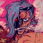  1boy blue_hair close-up commentary cyborg english_commentary eyelashes eyewear_on_head franky_(one_piece) hair_down highres looking_at_viewer male_focus one_piece pink_background simple_background smile smoke solo wigglesthetuff 