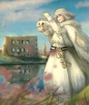  1boy absurdres animal_on_hand blanca_(fate) blue_eyes blue_sky bug cape cloud cloudy_sky commentary_request crown fate/grand_order fate_(series) fujigaya_seizo fur-trimmed_cape fur_trim grass highres male_focus moth oberon_(fate) sky standing white_cape white_hair 