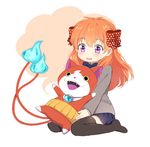  artist_name bad_id bad_pixiv_id black_legwear blue_fire blush bow cat chibi crossover dot_nose fire gekkan_shoujo_nozaki-kun hair_bow haramaki jibanyan long_hair mery_(apfl0515) multiple_tails no_shoes notched_ear open_mouth orange_hair pleated_skirt polka_dot polka_dot_bow purple_eyes rouman_academy_uniform sakura_chiyo school_uniform sitting skirt tail tail-tip_fire thighhighs two_tails wariza youkai youkai_watch zettai_ryouiki 