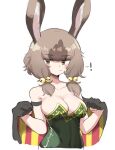  ! 1girl :&lt; animal_ears bare_shoulders bell blush breasts brown_eyes brown_hair cleavage green_leotard hair_bell hair_ornament large_breasts leotard looking_at_viewer low_twintails multicolored_hair original rabbit_ears rabbit_girl sifserf simple_background solo spoken_exclamation_mark twintails two-tone_hair white_background 