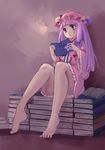  bangs bare_legs barefoot blue_ribbon blunt_bangs book book_stack feet full_body hair_ribbon hat highres koung_(looofa) legs long_hair mob_cap my_little_pony my_little_pony_friendship_is_magic open_book parted_lips patchouli_knowledge purple_eyes reading ribbon sitting solo toenail_polish touhou tress_ribbon twilight_sparkle 