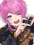  1boy amemura_ramuda ascot blue_eyes blush hands_up heart heart_hands highres hypnosis_mic jacket kishinaito long_sleeves looking_at_viewer male_focus one_eye_closed open_mouth pink_hair plaid_ascot short_hair smile solo upper_body 