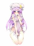  :&lt; bad_id bad_pixiv_id bare_arms bare_legs bare_shoulders barefoot blush breasts covering covering_crotch crescent dress hair_ribbon hat highres large_breasts long_hair looking_away mob_cap ootsuki_momiji panties patchouli_knowledge purple_eyes purple_hair ribbon seiza side-tie_panties sitting solo striped striped_dress tears torn_clothes torn_dress touhou touhou_ayaria_epic tress_ribbon underwear untied untied_panties very_long_hair 