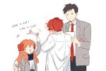  2boys :d afterimage animal_ears bad_id bad_pixiv_id black_hair blue_bow blush bow bowtie cat_ears covering_face ear_blush embarrassed english fake_animal_ears gekkan_shoujo_nozaki-kun hair_bow hairband hairband_removed height_difference long_hair looking_at_another mery_(apfl0515) mikoshiba_mikoto motion_lines multiple_boys necktie no_mouth no_nose nozaki_umetarou open_mouth orange_hair polka_dot polka_dot_bow red_bow red_hair rouman_academy_uniform sakura_chiyo school_uniform short_hair simple_background smile white_background writing 