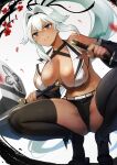  1girl azur_lane bare_shoulders bikini bikini_top_only black_eyes black_footwear black_hairband black_ribbon black_shorts black_sleeves black_thighhighs breasts dark-skinned_female dark_skin detached_sleeves evil_smile hair_intakes hair_ribbon hairband high_ponytail highres holding holding_sword holding_weapon kai_(ootamuno12) katana large_breasts long_hair navel parted_lips ribbon senran_kagura senran_kagura_new_link short_shorts shorts smile solo spread_legs squatting stomach swimsuit sword thighhighs very_long_hair weapon white_bikini white_hair yuyaki_(senran_kagura) 