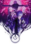  add_(elsword) black_sclera choker coat diabolic_esper_(elsword) elsword facial_mark grey_hair grin highres jacket long_hair lunatic_psyker_(elsword) male_focus mastermind_(elsword) multiple_boys multiple_persona necktie ponytail purple_background purple_eyes rke smile tattoo 