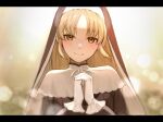  1girl black_dress black_veil blurry bokeh brown_eyes capelet choppy_bangs closed_mouth coif depth_of_field dress gloves high_collar kito_(kito_mozooo) light_blush light_brown_hair light_particles long_hair long_sleeves looking_at_viewer nijisanji nun own_hands_clasped own_hands_together parted_bangs sister_claire sister_claire_(1st_costume) smile solo straight_hair traditional_nun twitter_username upper_body veil virtual_youtuber white_capelet white_gloves 