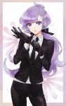  1girl anabel_(pokemon) ass_visible_through_thighs black_gloves black_jacket black_necktie black_pants collared_shirt earpiece formal gloves jacket long_hair long_sleeves low_ponytail necktie pants pokemon pokemon_sm purple_eyes purple_hair rikovui shirt solo white_shirt 