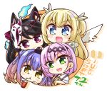  4girls :3 :d :t angel angel_wings animal_ear_fluff animal_ears black_hair blue_eyes blue_hair blunt_ends blush blush_stickers bob_cut chibi close-up closed_mouth commentary_request company_name cup drinking drinking_straw eyelashes eyes_visible_through_hair fang flower fox_mask gradient_hair hair_between_eyes hair_flower hair_ornament hairclip happy highres hitodama holding holding_cup hoshikawa_kaguya kohibari_kurumi looking_at_viewer mask mask_on_head multicolored_hair multiple_girls neckerchief open_mouth pink_flower pink_hair purple_eyes school_uniform shirayuki_noa shiroimaru shirt short_hair short_sleeves side_ponytail sidelocks simple_background skin_fang smile sparkling_eyes tanikaze_amane tenshi_souzou_re-boot! twintails two_side_up waving white_background white_shirt wing_hair_ornament wings x_hair_ornament yellow_eyes yellow_neckerchief 