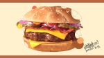  bacon bread burger cheese food food_focus highres ketchup meat mzi no_humans onion_rings original pickle sesame_seeds still_life 