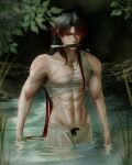  1boy abs absurdres bandaged_chest bishounen blade_(honkai:_star_rail) chest_sarashi covered_nipples english_commentary hair_between_eyes hair_over_one_eye highres honkai:_star_rail honkai_(series) knife knife_in_mouth long_hair muscular muscular_male night outdoors plant pond sarashi scar scar_on_arm scar_on_chest scar_on_shoulder scar_on_stomach solo standing standing_on_liquid topless_male yeovvr 