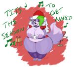 animatronic anthro areola barefoot belly big_belly big_breasts breasts canid canine canis caroling christmas christmas_clothing christmas_headwear christmas_tree clothing collar ear_piercing exposed_breasts feet female five_nights_at_freddy&#039;s five_nights_at_freddy&#039;s:_security_breach gift green_hair hair half_naked hat headgear headwear hi_res holidays holly_(plant) huge_breasts machine mammal nipples open_mouth overweight pennsy piercing plant purple_nipples robot roxanne_wolf_(fnaf) santa_hat scottgames singing smile solo steel_wool_studios thick_thighs tree wide_hips wolf