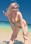  1girl ahoge alternate_costume bare_shoulders beach bikini blue_sky breasts cleavage commentary feet_out_of_frame green_eyes hands_on_own_knees highres kantai_collection kinugasa_(kancolle) large_breasts long_hair ocean ojipon open_mouth outdoors pink_hair sand side-tie_bikini_bottom sky smile solo swimsuit symbol-only_commentary water yellow_bikini 