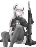  1girl absurdres ak-alfa_(girls&#039;_frontline) black_jacket girls&#039;_frontline gun headgear highres jacket long_hair orange_eyes pantyhose sitting user_nvnc7485 weapon white_hair 