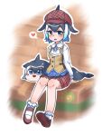  1girl absurdres black_hair blonde_hair blue_eyes blue_hair blue_shirt brown_vest cabbie_hat cetacean_tail chai_chai_huishi character_doll collar collared_shirt common_dolphin_(kemono_friends) dolphin_girl dorsal_fin fins fish_tail frilled_collar frilled_shorts frilled_sleeves frilled_socks frills hair_between_eyes hat head_fins heart highres kemono_friends kemono_friends_3 long_sleeves looking_at_viewer mary_janes neckerchief official_alternate_costume plaid plaid_headwear plaid_shorts red_footwear red_headwear red_shorts shirt shoes short_hair shorts sidelocks sitting socks solo spoken_heart tail two-tone_vest vest white_hair white_neckerchief white_shirt white_socks 