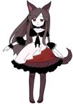  adapted_costume alternate_costume animal_ears ascot brown_hair brown_legwear collar dress full_body imaizumi_kagerou iris_anemone jewelry long_hair long_sleeves pantyhose red_eyes simple_background smile solo tail touhou white_background wolf_ears wolf_tail wrist_cuffs 