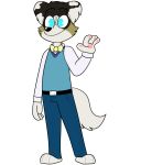 2017 3_toes 4_fingers adult_(lore) alpha_channel anthro barefoot belt_buckle biped black_belt black_eyebrows black_eyewear black_glasses black_nose blue_bottomwear blue_clothing blue_eyes blue_jeans blue_pants blue_sweater blue_topwear blue_vest bottomwear bow_tie brown_ears brown_hair button_(fastener) canid canine canis cheek_tuft chokovit_(artist) closed_smile clothed clothed_anthro clothed_male clothing colored countershade_face countershade_fur countershade_neck countershading denim denim_bottomwear denim_clothing digital_drawing_(artwork) digital_media_(artwork) dog_ears dog_tail domestic_dog dress_shirt eyebrow_through_hair eyebrows eyewear facial_tuft feet fingers fluffy fluffy_ears fluffy_tail front_view full-length_portrait fur fur_tuft gesture glasses glistening glistening_belt_buckle glistening_eyes glistening_nose hair hi_res jeans male male_anthro mammal markings mottled mouth_closed multicolored_ears no_pupils pants pawpads pink_pawpads portrait round_glasses shirt simon_bednarczyk simple_background smile solo spotted_bow_tie standing sweater sweater_vest tail tan_markings toes topwear translucent translucent_hair transparent_background tuft two_tone_ears vest waving white_body white_clothing white_countershading white_dress_shirt white_fur white_markings white_shirt white_tail white_topwear yellow_bowtie