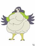 2018 3:4 anthro avian avian_feet batspid2 beak belly big_belly big_breasts biped bird black_eyelashes breasts brown_eyes claws digital_drawing_(artwork) digital_media_(artwork) feathered_wings feathers featureless_breasts female flat_colors front_view full-length_portrait glistening glistening_eyes green_body green_feathers grey_beak grey_claws huge_thighs love_handles lucy_(bunnynoah) markings multicolored_body multicolored_feathers navel obese obese_anthro obese_female open_mouth overweight overweight_anthro overweight_female pink_tongue portrait purple_feather signature simple_background solo standing thick_thighs three-quarter_view toe_claws tongue white_background white_body white_feathers wide_hips wing_markings wings