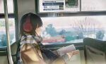  1girl backpack bag book brown_coat brown_eyes brown_hair coat day headphones highres long_sleeves open_book original plaid plaid_scarf sakura_inu_(itoyatomo) scarf shadow short_hair sitting solo train_interior upper_body window 