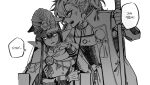  1boy 1girl anger_vein angry animal_collar armor collar english_text expressionless family_crest fate/grand_order fate_(series) from_side gloves greyscale hair_over_one_eye holding holding_leash holding_polearm holding_weapon japanese_armor jinbaori leash long_sleeves monochrome mori_nagayoshi_(fate) oda_nobunaga_(fate) oda_uri polearm sempon_(doppio_note) sharp_teeth sidelocks simple_background spear speech_bubble teeth weapon white_background 