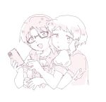  2girls bow bowtie cellphone ceppo3t7 commentary glasses greyscale hands_up holding holding_phone hug hug_from_behind idolmaster idolmaster_million_live! light_blush long_hair makabe_mizuki monochrome multiple_girls open_mouth parted_lips phone puffy_short_sleeves puffy_sleeves semi-rimless_eyewear shirt short_hair short_sleeves sidelocks smartphone smile takayama_sayoko upper_body wavy_hair white_background 