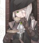  1girl ascot black_headwear black_jacket bloodborne brooch brown_gloves cup gloves green_eyes hands_up hat holding holding_cup holding_plate jacket jewelry lady_maria_of_the_astral_clocktower long_hair long_sleeves low_ponytail maou_skun one_eye_closed parted_lips plate solo tricorne upper_body white_ascot white_background white_hair 