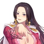  1girl amazon_warrior black_hair boa_hancock cape dress earrings facing_viewer highres jewelry jyukawa long_hair long_sleeves one_piece open_mouth pointing pointing_down portrait red_dress simple_background snake_earrings solo teeth upper_teeth_only white_background 