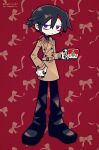  1boy artist_name bags_under_eyes black_footwear black_hair black_nails black_pants christmas coat coffee_mug colored_skin commission commissioner_name cup fumus_(funamusea) funamusea funamusea_(artist) highres holding holding_cup male_focus mug multicolored_hair nail_polish non-web_source official_art pants patterned_background red_background red_hair ribbon shoes short_hair skeb_commission solo trench_coat two-tone_hair white_skin 
