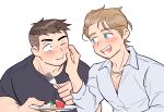  2boys :d arm_hair bara black_hair blonde_hair blue_eyes blush cheek_pinching chest_hair_peek couple cowboy_shot david_king_(dead_by_daylight) dead_by_daylight eating facial_hair felix_richter food food_on_face hair_slicked_back highres holding holding_plate jewelry looking_at_another male_focus multiple_boys necklace open_mouth pectoral_cleavage pectorals pinching plate short_hair simple_background smile undercut upper_body wasted_m9 yaoi 