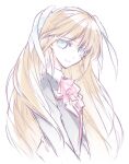  1girl black_jacket blonde_hair blue_eyes bow closed_mouth commentary_request h_sueun hair_between_eyes hair_ribbon jacket little_busters! little_busters!_school_uniform long_hair long_ribbon looking_at_viewer pink_bow ribbon school_uniform simple_background sketch smile solo tokido_saya upper_body very_long_hair white_background white_ribbon 