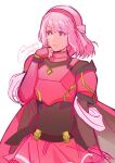  1girl armor braid breastplate cape fire_emblem fire_emblem_engage hairband highres lamb_(contra_entry) lapis_(fire_emblem) looking_to_the_side pink_eyes pink_hair red_armor red_cape red_hairband ribbon side_braid solo white_ribbon 