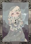  1girl absurdres border child dress flower_wreath grey_eyes highres holding_wreath long_sleeves looking_at_viewer medium_hair mirror satoimonosuke shiva_(totsukuni_no_shoujo) solo standing totsukuni_no_shoujo white_dress 