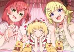  3girls aishima_marota akai_haato akai_haato_(6th_costume) animal_ears belt blonde_hair blush choker closed_eyes closed_mouth commentary_request crown dress drooling green_eyes haaton_(akai_haato) hair_ornament hairpin hololive horns long_hair looking_at_viewer medium_hair mouth_drool multiple_girls official_alternate_costume open_mouth pink_hair pink_shirt pink_skirt ponytail purple_eyes red_choker ribbon_choker sakura_miko sakura_miko_(school_uniform) sheep_ears sheep_girl sheep_horns shirt side_ponytail skirt smile teeth tsunomaki_watame tsunomaki_watame_(street_casual) two_side_up upper_teeth_only virtual_youtuber wavy_mouth white_belt white_dress white_shirt white_skirt x_hair_ornament 