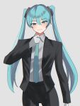  1girl absurdres adjusting_clothes adjusting_necktie aqua_eyes aqua_hair aqua_necktie black_jacket black_pants blush closed_mouth collared_shirt commentary cowboy_shot gloves grey_background hair_between_eyes hatsune_miku highres jacket long_sleeves looking_at_viewer necktie pants shirt simple_background solo tsukuno_tsuki twintails vocaloid white_gloves white_shirt 