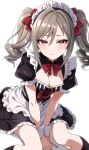  1girl absurdres alternate_costume apron black_dress blush breasts cleavage cleavage_cutout clothing_cutout dress drill_hair enmaided grey_hair highres idolmaster idolmaster_cinderella_girls kanzaki_ranko looking_at_viewer maid maid_headdress medium_breasts popon_ta red_eyes simple_background sitting smile solo twintails white_apron white_background wrist_cuffs 