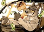  2boys animal_ears artist_logo banknote car colored_sclera commentary_request driving falling_money fang fang_out fangs furry furry_male highres holding holding_money kamikami_(1126kmkm) looking_at_viewer male_focus money motor_vehicle mr._snake mr._wolf multiple_boys smile snake_boy suit the_bad_guys_(film) tongue tongue_out white_headwear white_suit wolf_boy wolf_ears yellow_sclera 