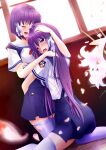  2girls absurdres arm_around_waist arms_around_neck blue_skirt blurry blush bob_cut clannad closed_eyes commentary_request crying crying_with_eyes_open depth_of_field dutch_angle eyelashes eyes_visible_through_hair falling_petals feet_out_of_frame flower fujibayashi_kyou fujibayashi_ryou hair_between_eyes hair_intakes headpat high-waist_skirt highres hikarizaka_private_high_school_uniform hug indoors keikey7 kneeling lily_(flower) long_hair multiple_girls open_mouth petals purple_hair red_ribbon ribbon sad sailor_collar school_uniform serafuku shirt short_hair short_sleeves siblings sisters skirt smile straight_hair summer_uniform suspender_skirt suspenders tears thighhighs twins very_long_hair white_flower white_sailor_collar white_shirt white_thighhighs zettai_ryouiki 