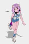  1girl absurdres amiri_ari blue_shorts blue_socks blush closed_mouth gloves grey_background hair_ornament highres lacey_(pokemon) leg_up looking_at_viewer pink_hair pokemon pokemon_sv purple_gloves purple_hair shadow shoes short_hair shorts simple_background single_glove socks solo tank_top thick_eyebrows white_footwear 