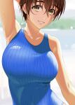  1girl absurdres arm_up armpits blue_one-piece_swimsuit blurry blurry_background breasts collarbone dr._gero_(staedtler_0508) highres huge_breasts idolmaster idolmaster_cinderella_girls looking_at_viewer oikawa_shizuku one-piece_swimsuit outdoors short_hair solo swimsuit upper_body water_drop wet wet_hair 